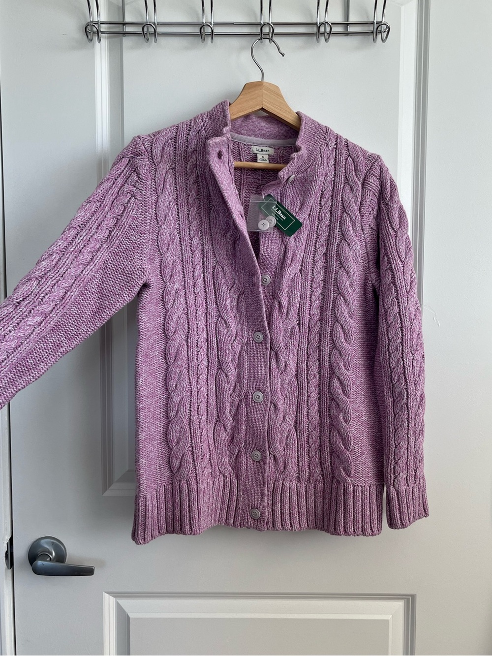 L.L. Bean - Lilac Cable-Knit Button-Front Cardigan, 100% Cotton, Size MED PET
